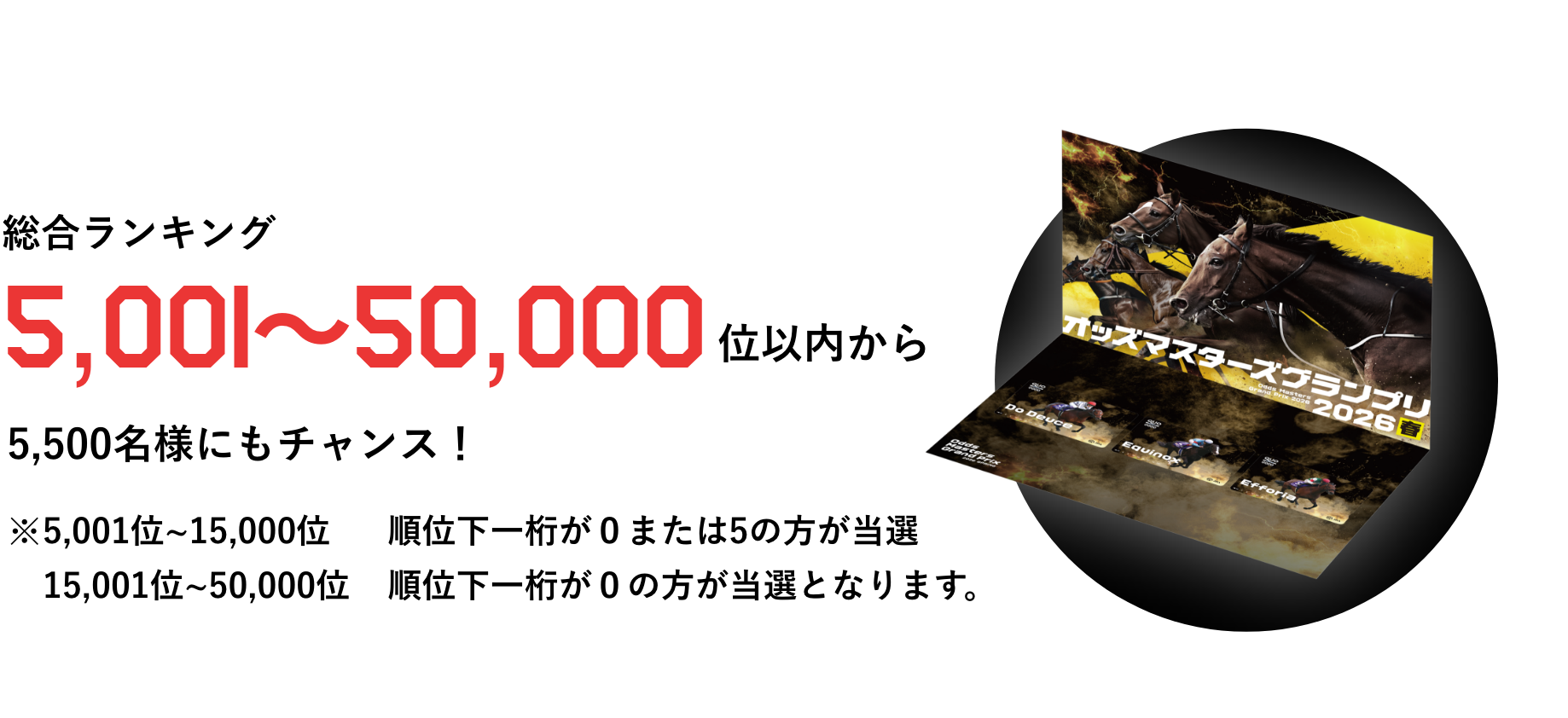 総合ランキング5,001位～50,000位以内から5,500名様にも獲得のチャンス！ ※5,001位～15,000位 順位下一桁が0または5の方が当選 15,001位～50,000位 順位下一桁が0の方が当選となります。